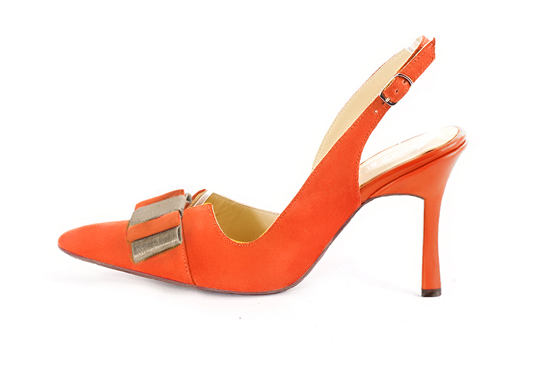 Clementine orange and gold women's open back shoes, with a knot. Tapered toe. Very high spool heels. Profile view - Florence KOOIJMAN